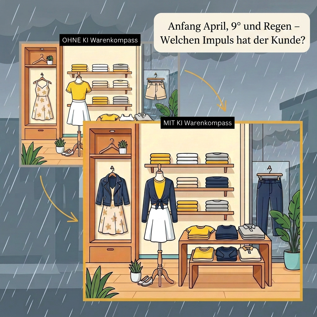 Vergleich einer Modefläche bei Regenwetter – links kraftlose Sommerpräsentation, rechts dieselbe Fläche mit dem KI Warenkompass wettergerecht kombiniert